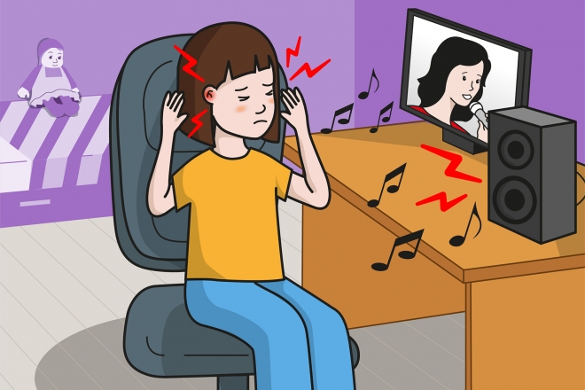 Imagen en la que una niña se queja de un dolor de oídos con el volumen de la música