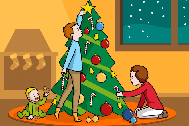 Escena en la que se ve a unos niños adornando el árbol de Navidad